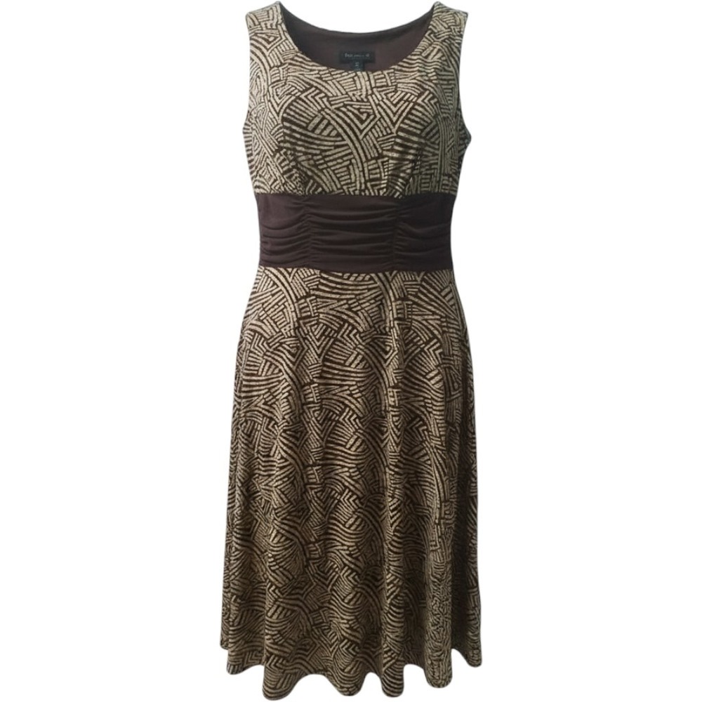 Perceptions New York Brown Tan Geometric Print Ruched Empire Waist Midi Dress 10